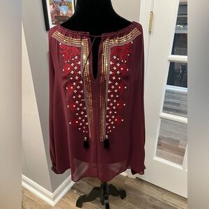 Altuzarra Burgundy Blouse with Gold sequins, Embroidery & tassels Sz M EUC